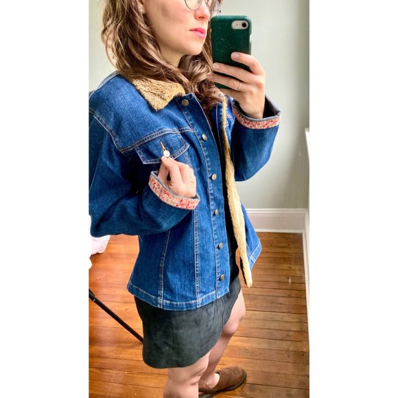 Vintage Y2K 90s Denim April Cornell Faux Fur Pink Floral Trim Jean Jacket L - Picture 6 of 11